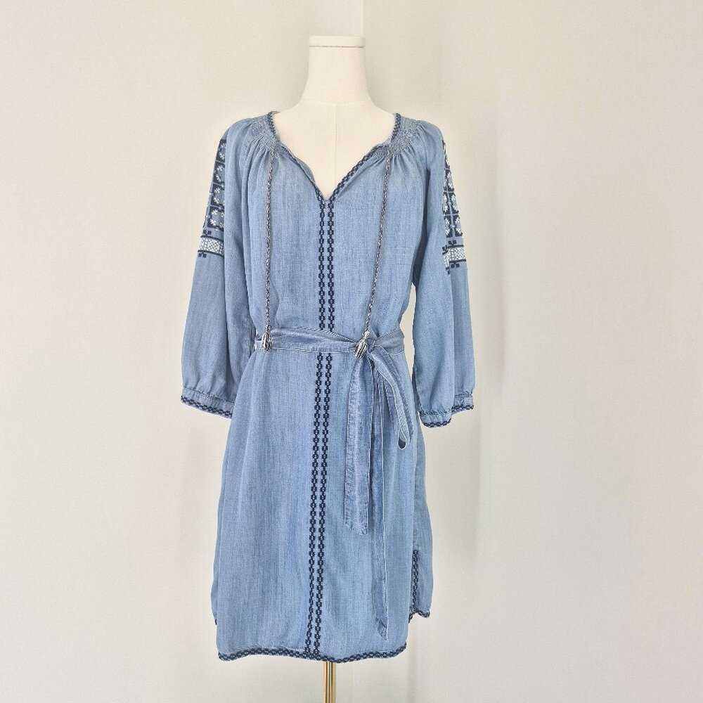 Light Blue Embroidered Peasant Dress - Women